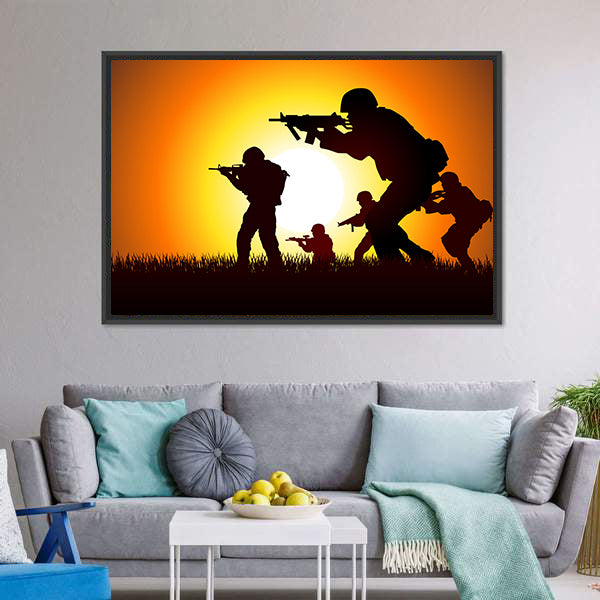 Soldiers Silhouette at Sunset Canvas Wall Art
