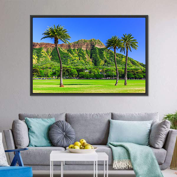 Diamond Head, Honolulu with Palm Trees Canvas Wall Art
