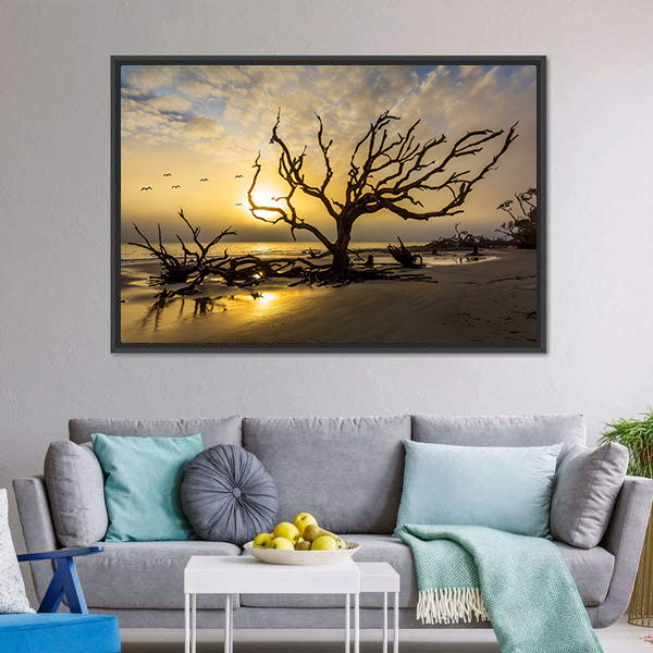 Driftwood Covered Beach Canvas Wall Art-5 Horizontal-Gallery Wrap-22" x 12"-Tiaracle