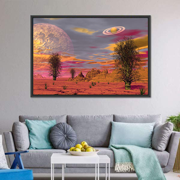 Alien Desert with Ringed Planet and Large Moon Canvas Wall Art