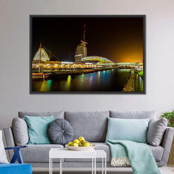 Night Bridge and River in Bremerhaven Canvas Wall Art
