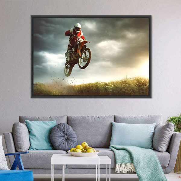 Biker Making A Stunt And Jumps In The Air Canvas Wall Art-5 Horizontal-Gallery Wrap-22" x 12"-Tiaracle