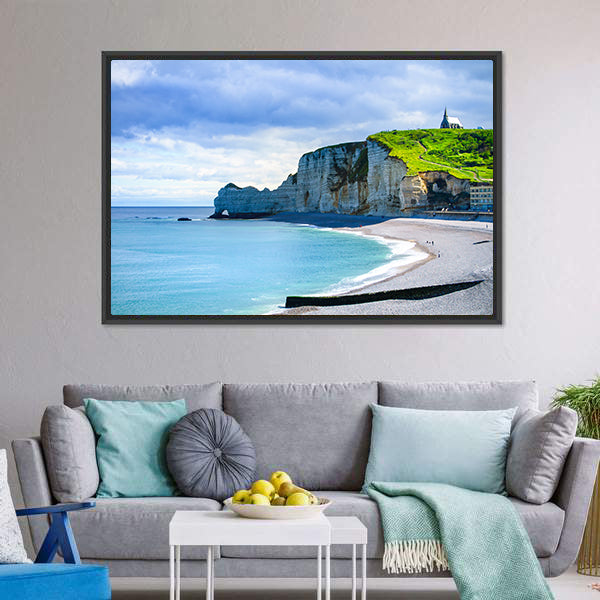Etretat Cliff And Church Landmark And Its Beach On Morning Canvas Wall Art-5 Horizontal-Gallery Wrap-22" x 12"-Tiaracle