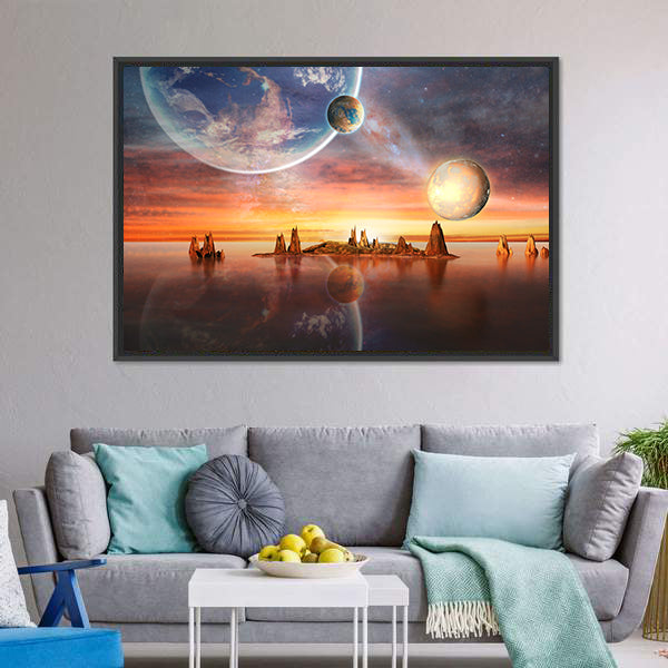 Alien Planet with Multiple Moons at Dusk Canvas Wall Art