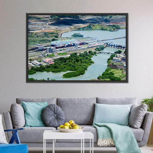Cargo Ship at Panama Canal Locks Canvas Wall Art