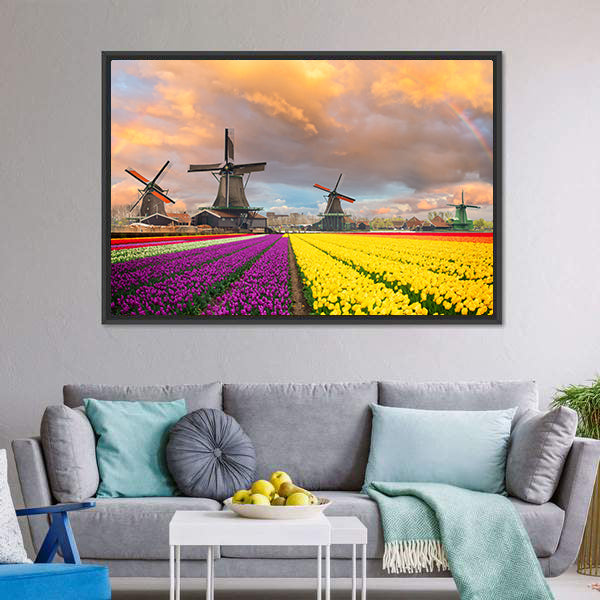 Purple and Yellow Tulip Fields with Windmills Canvas Wall Art