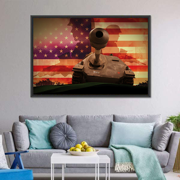 Soldier Silhouette with Tank and American Flag Canvas Wall Art