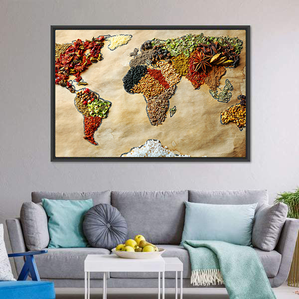 Map Of World Made From Different Spices Canvas Wall Art-5 Horizontal-Gallery Wrap-22" x 12"-Tiaracle