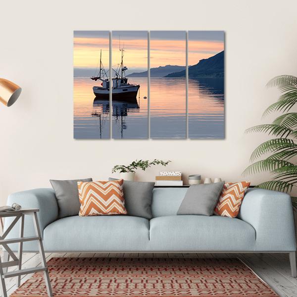 Fishing Boat Lies At Sundown Canvas Wall Art-4 Horizontal-Gallery Wrap-34" x 24"-Tiaracle