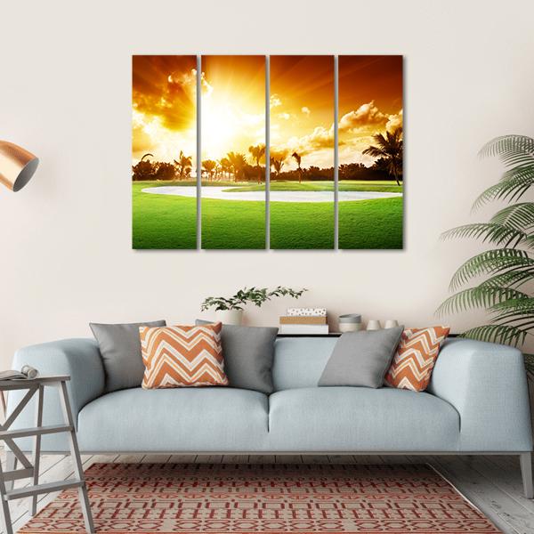 Sunset On Golf Field Canvas Wall Art-4 Horizontal-Gallery Wrap-34" x 24"-Tiaracle