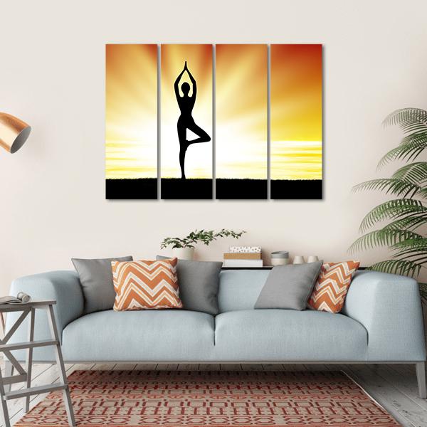 Woman Practice Yoga At Beach During Sunset Canvas Wall Art-4 Horizontal-Gallery Wrap-34" x 24"-Tiaracle