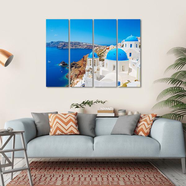 Blue Ocean & Dome Santorini Canvas Wall Art-4 Horizontal-Gallery Wrap-34" x 24"-Tiaracle
