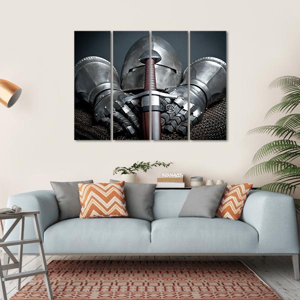 Helmet Gloves & Sword Canvas Wall Art-4 Horizontal-Gallery Wrap-34" x 24"-Tiaracle