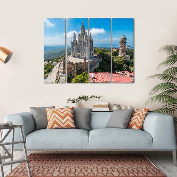Tibidabo Church On Mountain Canvas Wall Art-4 Horizontal-Gallery Wrap-34" x 24"-Tiaracle