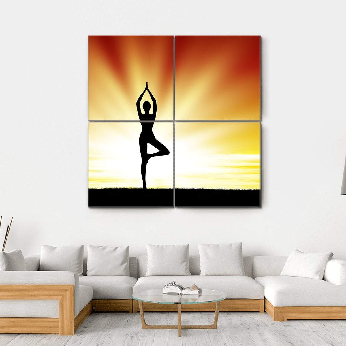 Woman Practice Yoga At Beach During Sunset Canvas Wall Art-4 Square-Gallery Wrap-17" x 17"-Tiaracle