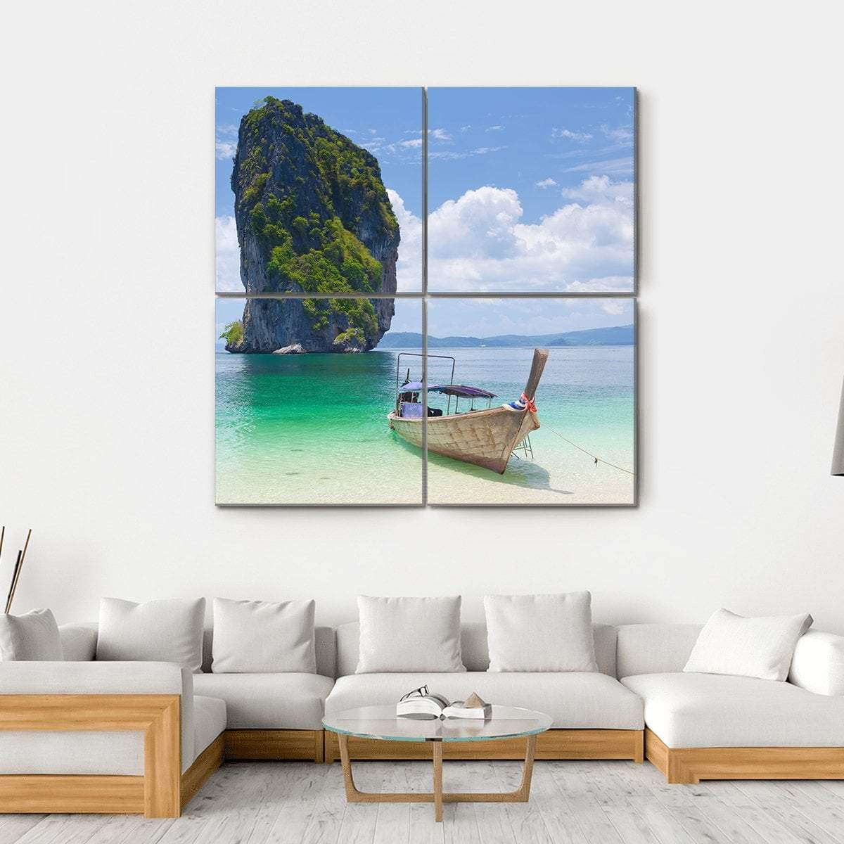 Cliff And Boats Thailand Canvas Wall Art-4 Square-Gallery Wrap-17" x 17"-Tiaracle