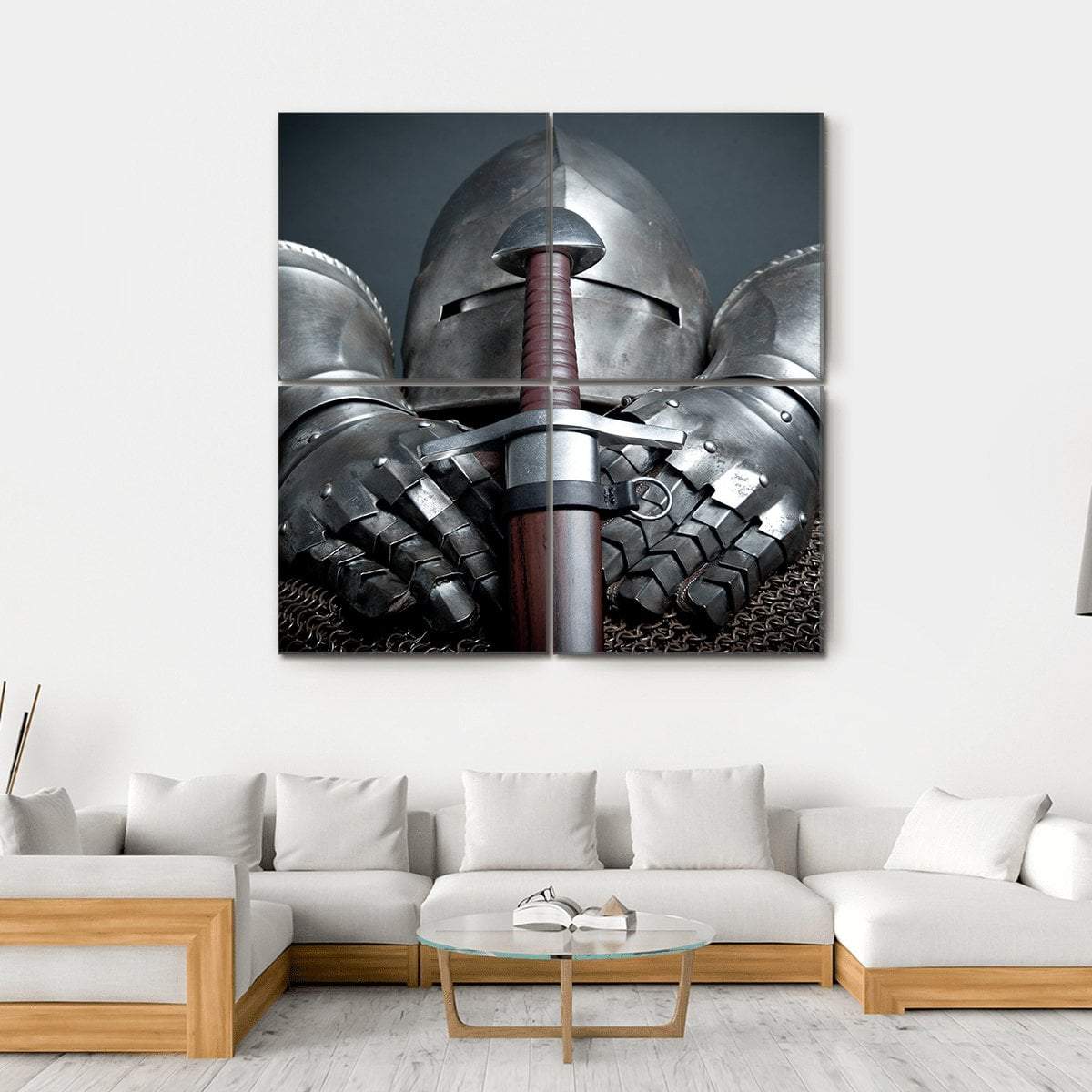 Helmet Gloves & Sword Canvas Wall Art-4 Square-Gallery Wrap-17" x 17"-Tiaracle