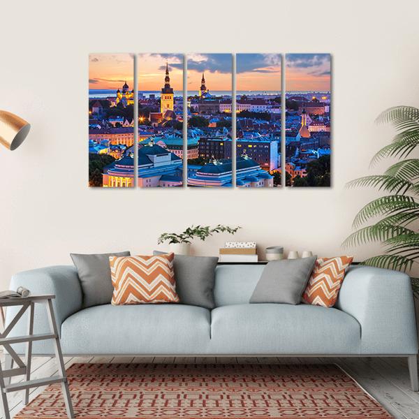 Evening Panorama Of Tallinn Canvas Wall Art-5 Horizontal-Gallery Wrap-22" x 12"-Tiaracle