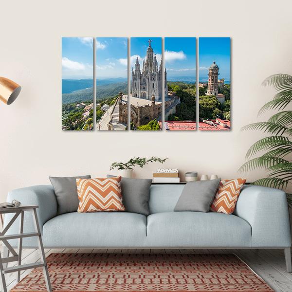 Tibidabo Church On Mountain Canvas Wall Art-5 Horizontal-Gallery Wrap-22" x 12"-Tiaracle