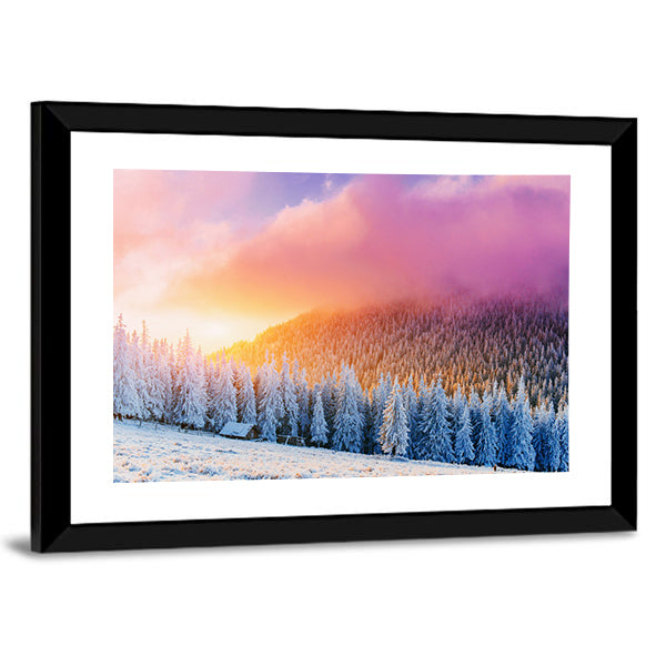 Winter Sunrise Over Snow-covered Pines and Cabin Canvas Wall Art