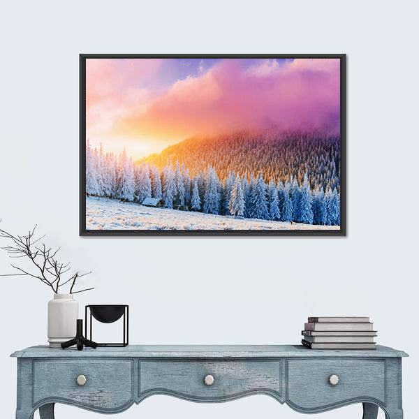 Winter Sunrise Over Snow-covered Pines and Cabin Canvas Wall Art