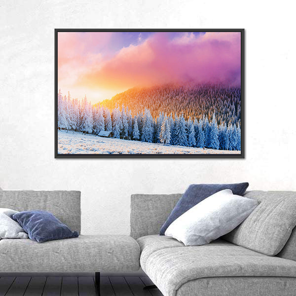 Winter Sunrise Over Snow-covered Pines and Cabin Canvas Wall Art