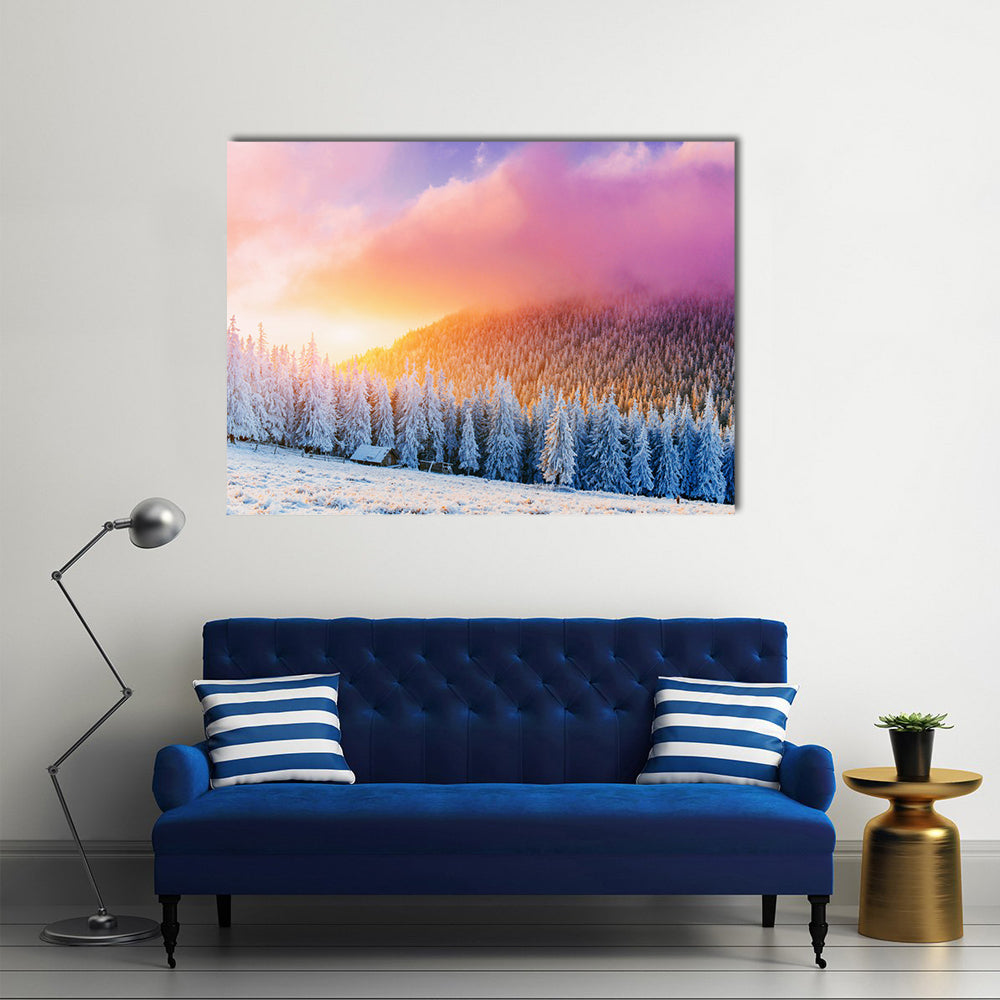 Winter Sunrise Over Snow-covered Pines and Cabin Canvas Wall Art