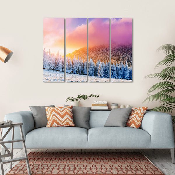 Winter Sunrise Over Snow-covered Pines and Cabin Canvas Wall Art