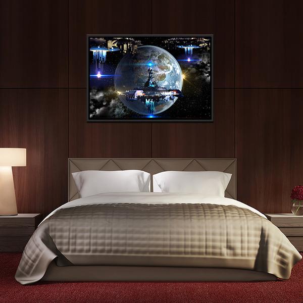 Alien Spaceship Moving Near Earth Canvas Wall Art-5 Horizontal-Gallery Wrap-22" x 12"-Tiaracle