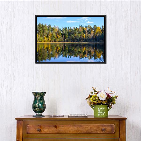 Autumn Forest Reflection In Pond Canvas Wall Art-3 Horizontal-Gallery Wrap-25" x 16"-Tiaracle