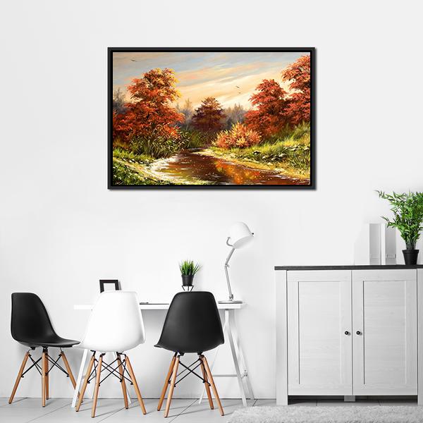 Autumn Landscape With River Canvas Wall Art-3 Horizontal-Gallery Wrap-25" x 16"-Tiaracle