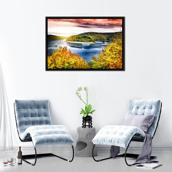 Autumn Landscape With Sunset Canvas Wall Art-1 Piece-Floating Frame-24" x 16"-Tiaracle