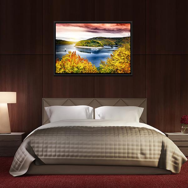 Autumn Landscape With Sunset Canvas Wall Art-3 Horizontal-Gallery Wrap-25" x 16"-Tiaracle