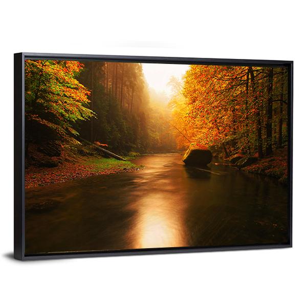 Autumn Mountain River Canvas Wall Art-1 Piece-Floating Frame-24" x 16"-Tiaracle