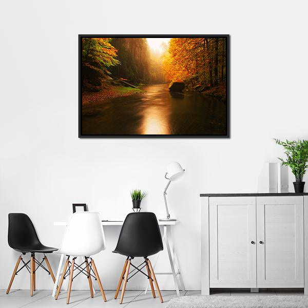 Autumn Mountain River Canvas Wall Art-1 Piece-Floating Frame-24" x 16"-Tiaracle