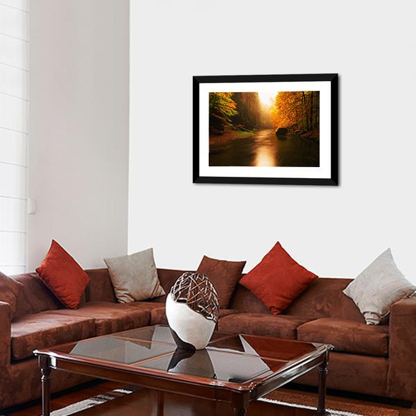 Autumn Mountain River Canvas Wall Art-3 Horizontal-Gallery Wrap-25" x 16"-Tiaracle