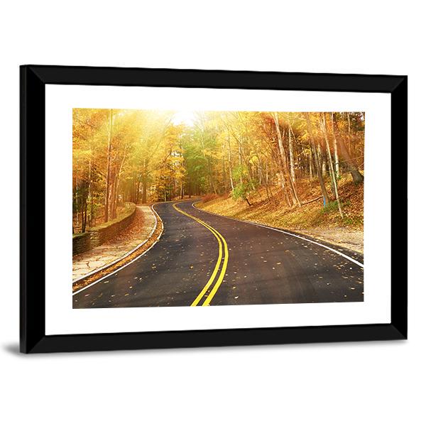 Autumn Scene With Road Canvas Wall Art-1 Piece-Framed Print-30" x 20"-Tiaracle