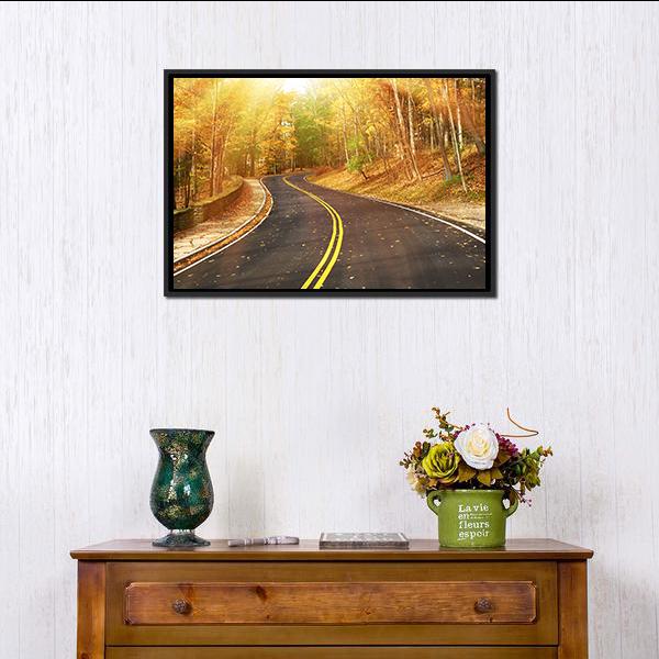 Autumn Scene With Road Canvas Wall Art-3 Horizontal-Gallery Wrap-25" x 16"-Tiaracle