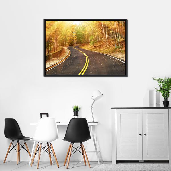 Autumn Scene With Road Canvas Wall Art-3 Horizontal-Gallery Wrap-25" x 16"-Tiaracle