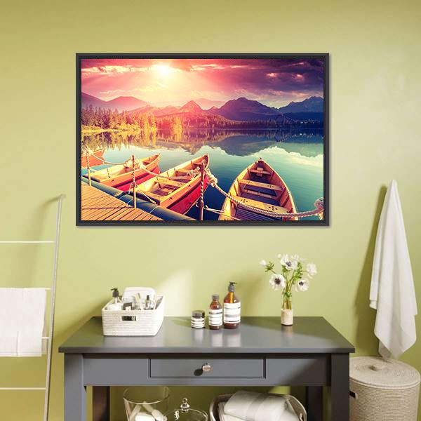 Boats On Mountain Lake Canvas Wall Art-1 Piece-Floating Frame-24" x 16"-Tiaracle