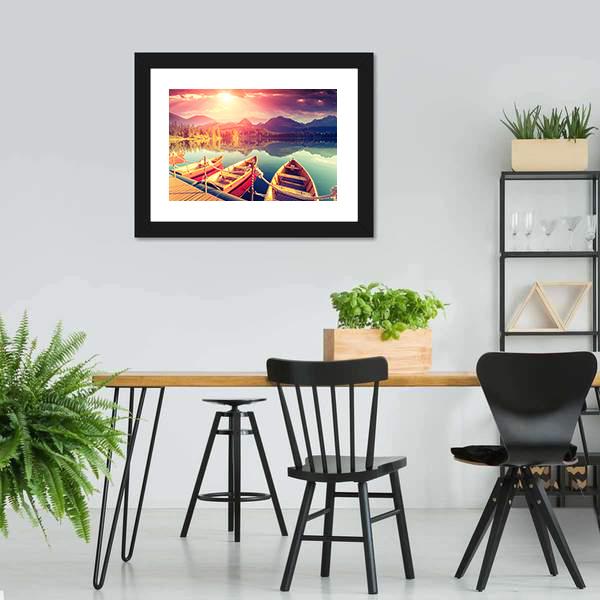 Boats On Mountain Lake Canvas Wall Art-5 Horizontal-Gallery Wrap-22" x 12"-Tiaracle