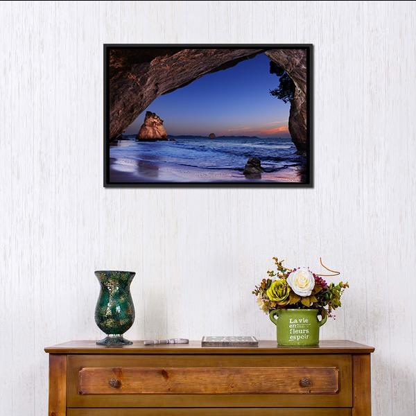 Cathedral Cove At Sunrise Canvas Wall Art-1 Piece-Floating Frame-24" x 16"-Tiaracle