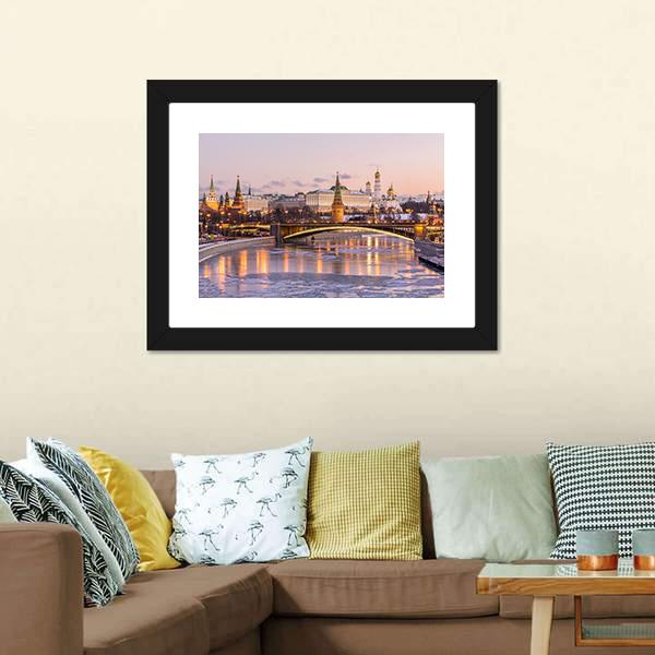 Illuminated Moscow Kremlin Canvas Wall Art-3 Horizontal-Gallery Wrap-25" x 16"-Tiaracle