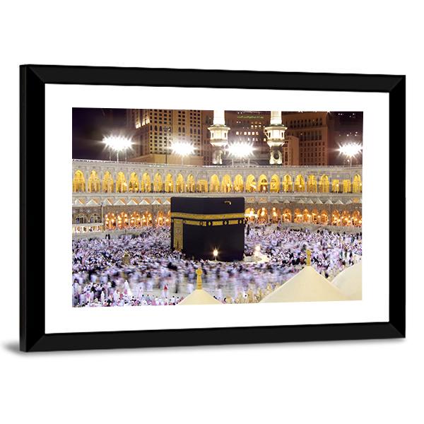 Kaaba At Night Canvas Wall Art-1 Piece-Framed Print-20" x 16"-Tiaracle