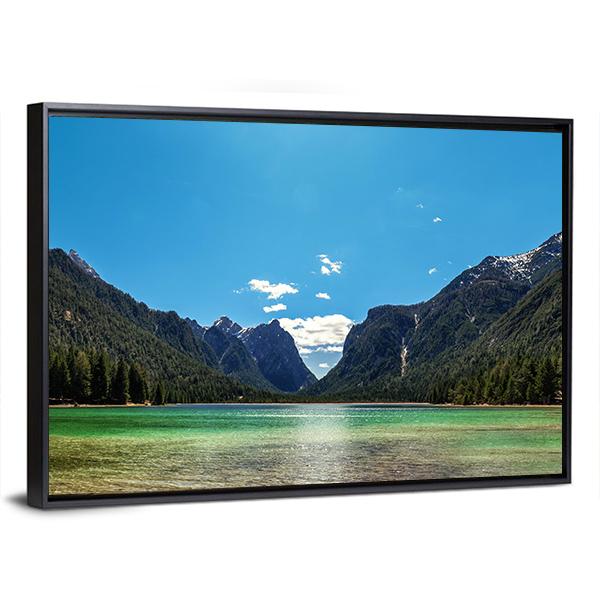 Lake In Dolomites Italy Canvas Wall Art-3 Horizontal-Gallery Wrap-25" x 16"-Tiaracle