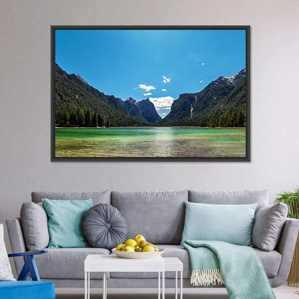 Lake In Dolomites Italy Canvas Wall Art-3 Horizontal-Gallery Wrap-25" x 16"-Tiaracle