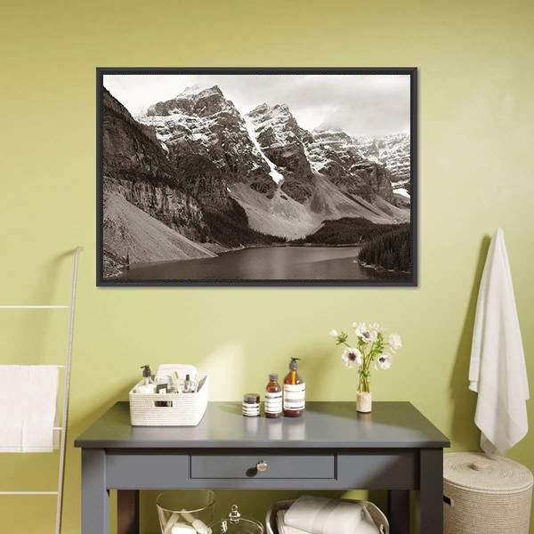 Lake Moraine In Canada Mountain Canvas Wall Art-3 Horizontal-Gallery Wrap-25" x 16"-Tiaracle