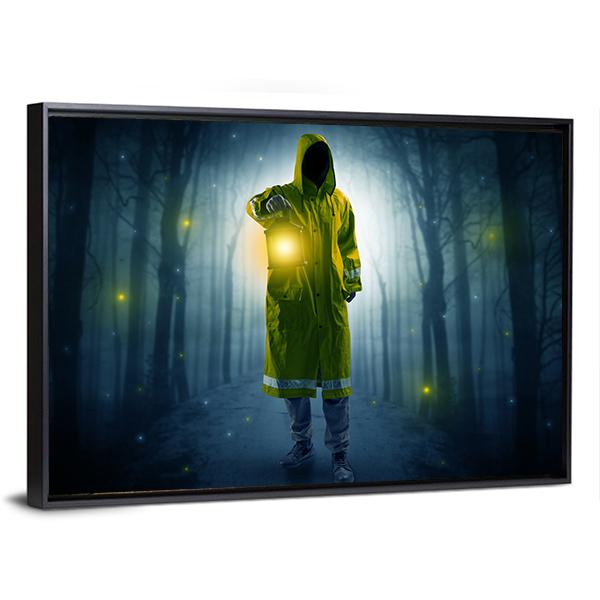 Man In Dark Forest Canvas Wall Art-1 Piece-Floating Frame-24" x 16"-Tiaracle