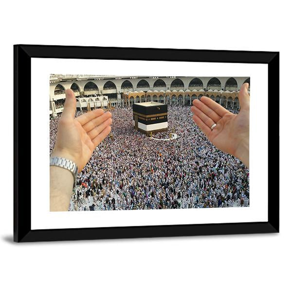 Man Praying & Holy Kaaba Canvas Wall Art-1 Piece-Framed Print-20" x 16"-Tiaracle