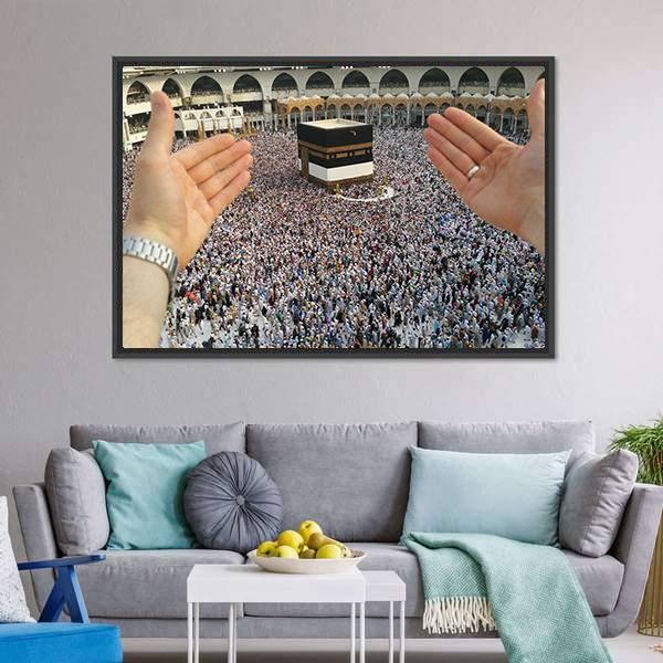 Man Praying & Holy Kaaba Canvas Wall Art-5 Horizontal-Gallery Wrap-22" x 12"-Tiaracle